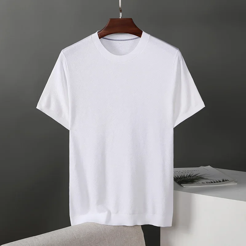 

2023 New Summer Mulberry Silk Blended Short-Sleeved T-shirt Men's Trendy Fashionable Knitted round Neck Men's Thin T-shirt