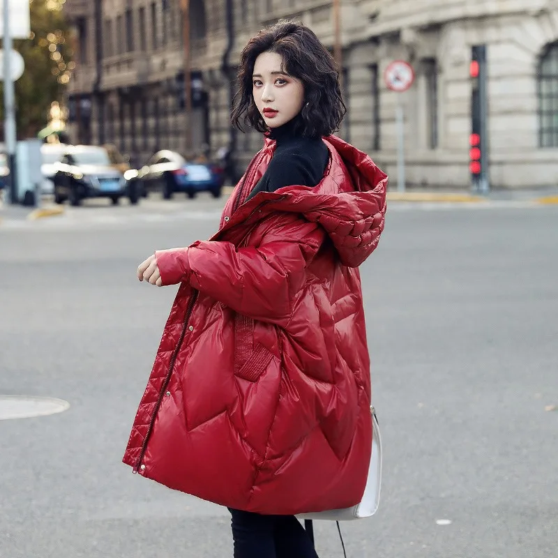 Women Down Jacket Winter Coat Female Loose White Duck Down Parkas Warm Thick Outwear Mid Length Version Hooded Overcoat 2023 New