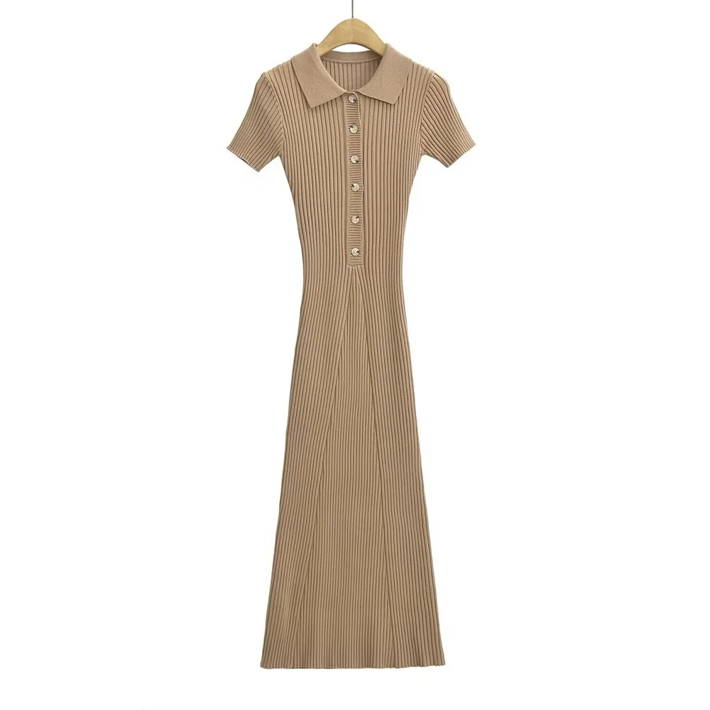 Ribbed High Waist Slim Maxi Dress For Women Knitwear Lapel Casual Elegant Party Dress Gown Fashion Short Sleeve Knit Dress