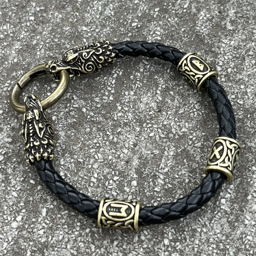 Viking Dragon Heads Nordic Runes Beads Diy Mens Womens Leather Bracelet Mythology Scandinavian Accessories Jewelry 4
