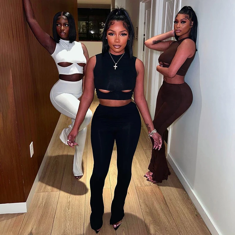 

Two Piece Set Women Tracksuits Sexy Cut Out Sleeveless Crop Top+High Waist Slim Sweatpants Outfits 2023 Summer Joggers Clothes