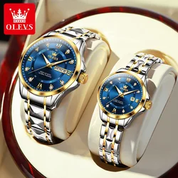 OLEVS Luxury Diamond Fashion Waterproof Stainless Steel Wristwatch (Gold Blue Couple)