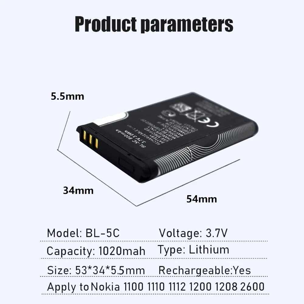 Rechargeable 3.7V 1020mAh BL-5C Lithium Batteries - 1/10 Pack