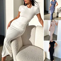 Spice Girl Bag Hip Dress 2025 Summer Women's Dress Solid Color Short Sleeved Slimming Lady's Dress High Elasticity Summer Dress 1