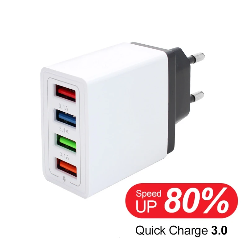 220V 4 Ports USB 5V3A Charge Power Adapter Mobile Phone Charger QC3.0 Charging EU/US Plug Outlet Travel Charger