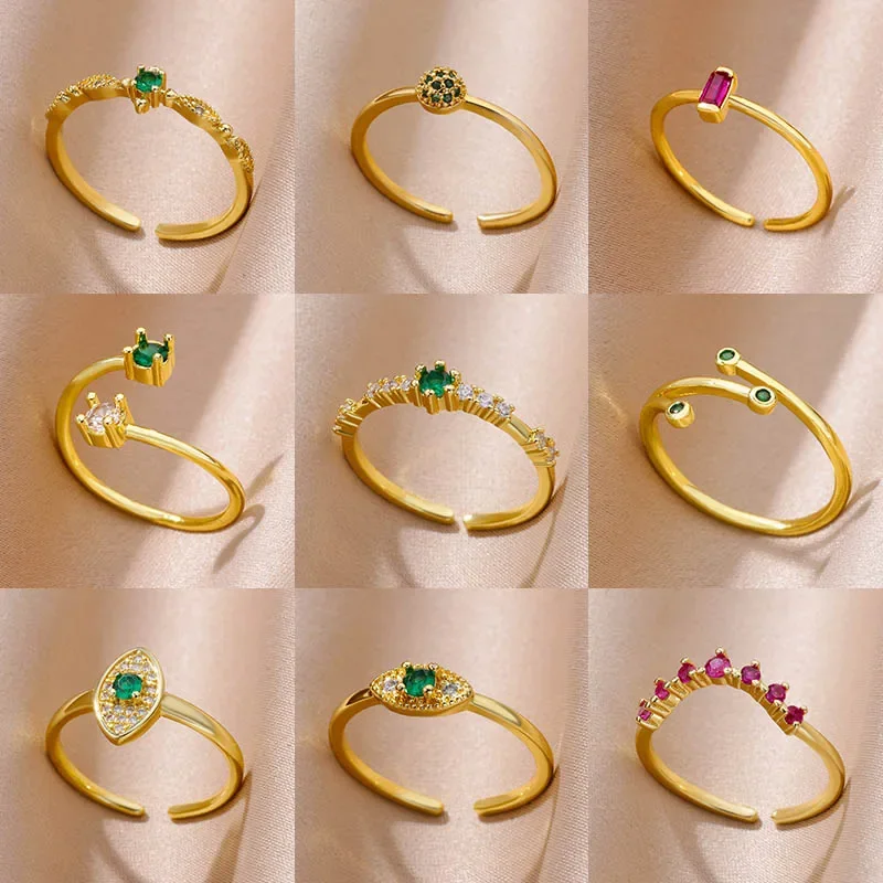 

Tiny Green Zircon Round Rings For Women Geometric Stainless Steel Oval Ring Luxury Wedding Christmas Jewelry Gift