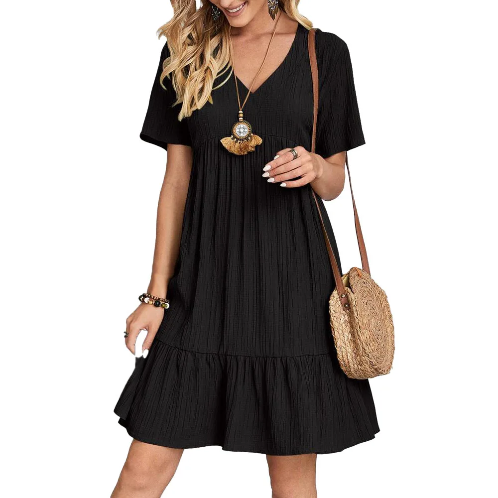 Women Summer V Neck Pleated Dress