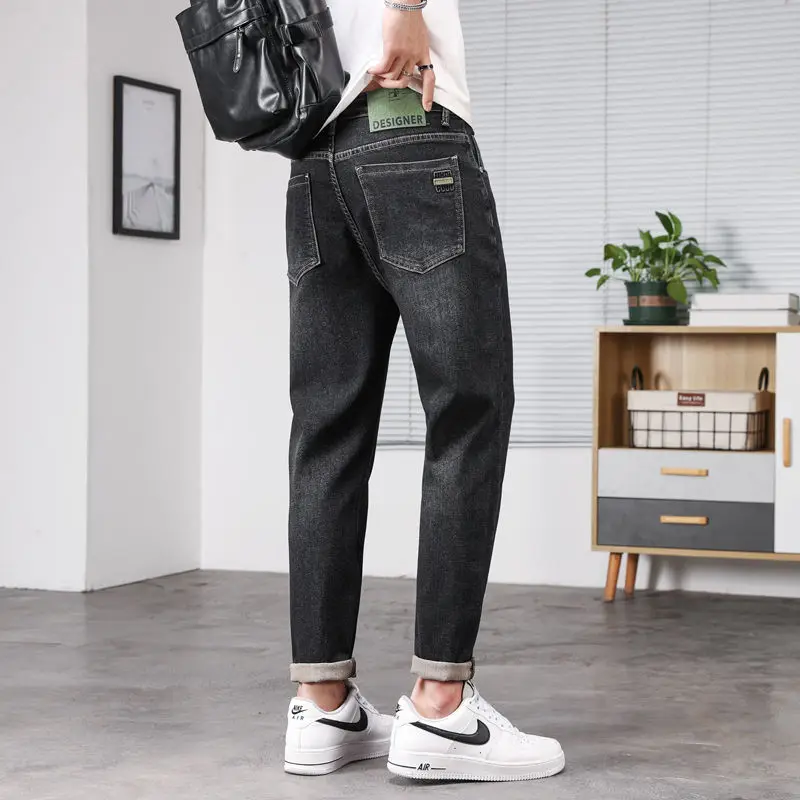 Autumn Winter Men's Fashionable Straight Jeans 2023 New Trend All-match Pockets Patchwork Loose Mid Waist Pants Male Clothes