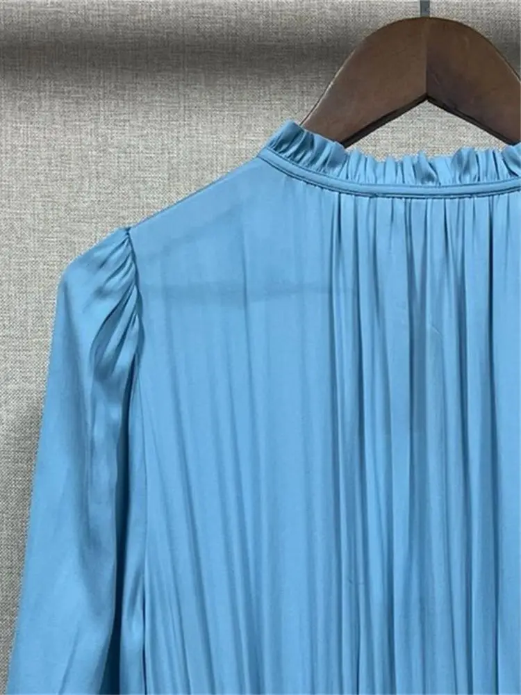 

2023 Summer Women Light Blue Cascade Ruffle Robe Slim Elastic High Waist Office Ladies Elegant Puff Sleeve Lace-up maxi Dress