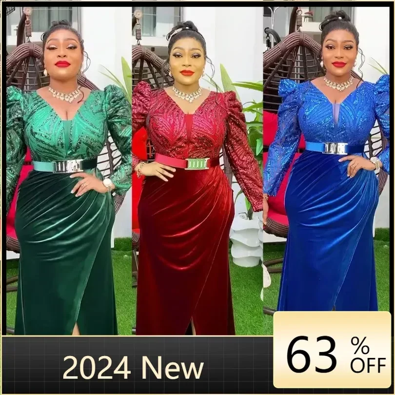 

2024 Plus Size African Party Long Bodycon Dresses for Women New Dashiki Ankara Sequin Evening Gowns Outfits Robe Africa Clothing