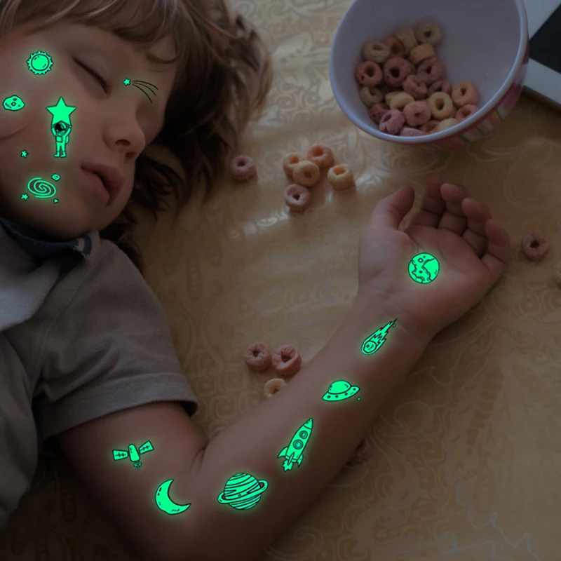 Luminous Tattoo Stickers Children Cartoon Universe Space Temporary Tattoo Glow Paste On Face Arm Leg For Kids Gift 10 Sheets/Set