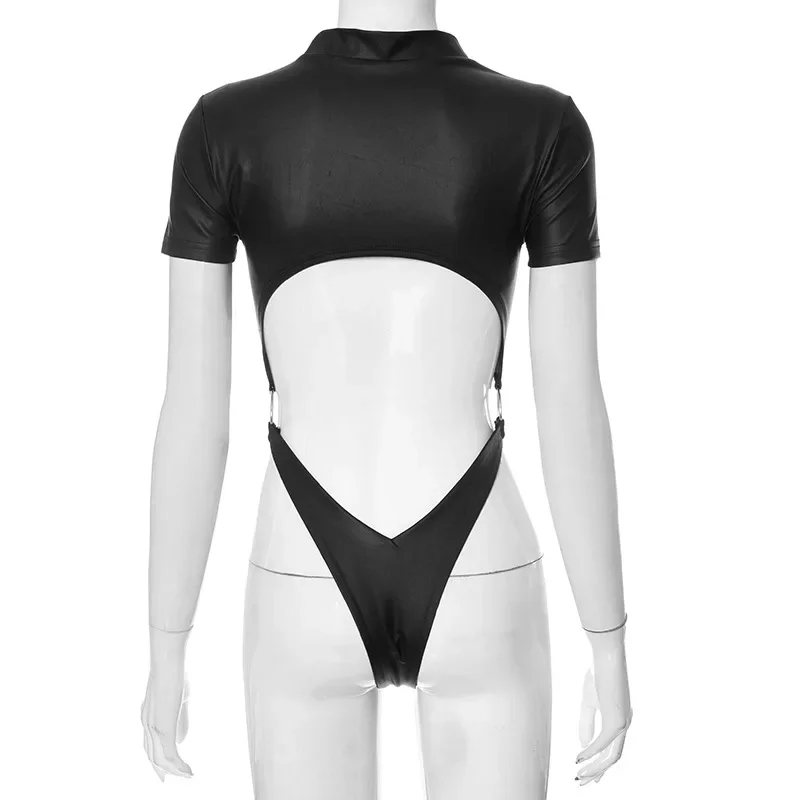 Body sexy de PU, lencería negra, top para mujer, atuendo rave, cuerpo femenino de manga corta, ahuecado, de una pieza, lencería sexy para mujer