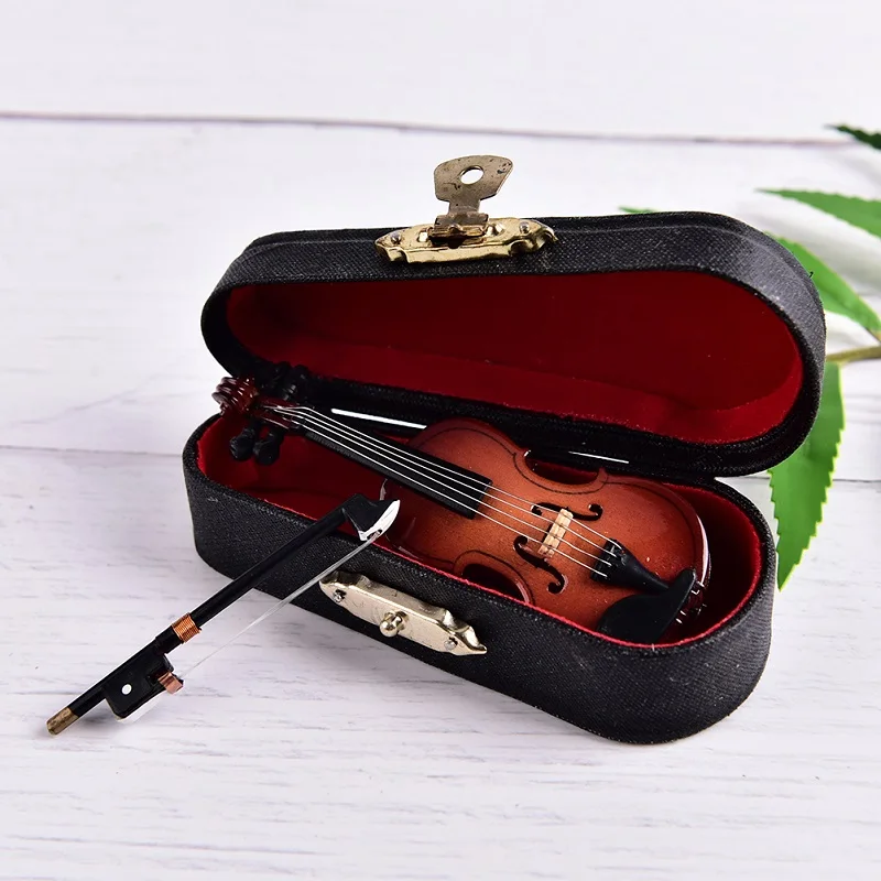 1 Set Exquisite Mini Violin Guitar With Musical Instrument Case Best Gift Miniature Wooden Ornament Dollhouse DIY KIds Toy Model