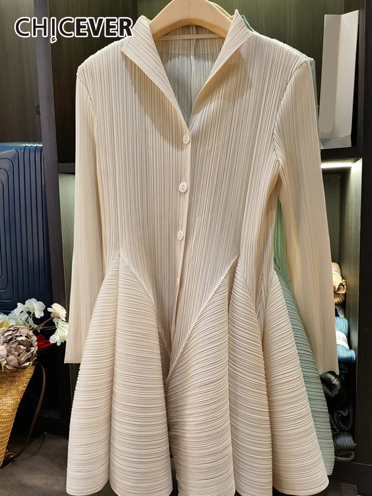 

CHICEVER Folds Mini Dresses For Women Stand Collar Long Sleeve Patchwork Single Breasted Vintage Solid A Line Dress Female New
