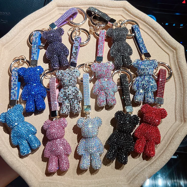 Fashion Diamond Set Medium Violent Bear Keychain Creative Diamond Rope Round Chain Car Keychain Girl Bag Pendant Gift