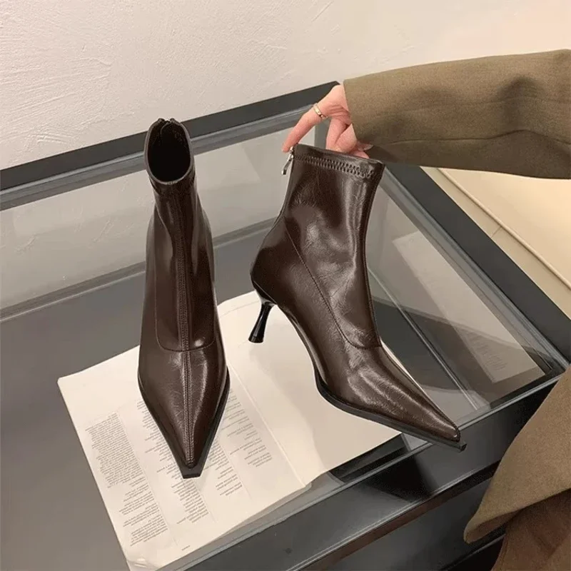 Women's High Heel Short Boots 2025 New Pointed Toe Ladies Fashion Thin Boots Sexy Solid Color Stiletto Woman Causal Ankle Boots
