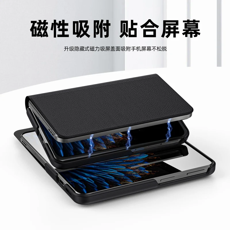 For OPPO Find N2 Case Luxury Plain PU Leather Bracket Folding Holder All Inclusive Shockproof Protection Hard Cover Accessories