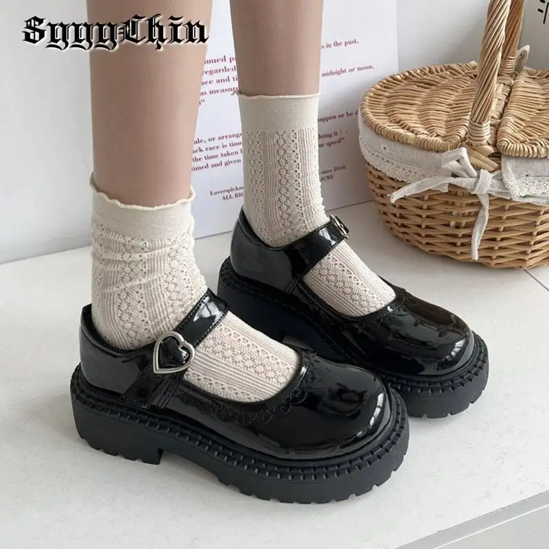 WomenPumpsMaryJaneChunkyHeelPlatformHeartBuckleShallowLace