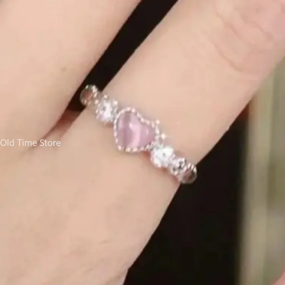 Pink Love Heart Crystal Rings For Women Kpop Love Zircon Open Ring Irregular Aesthetic girl Rings Jewelry