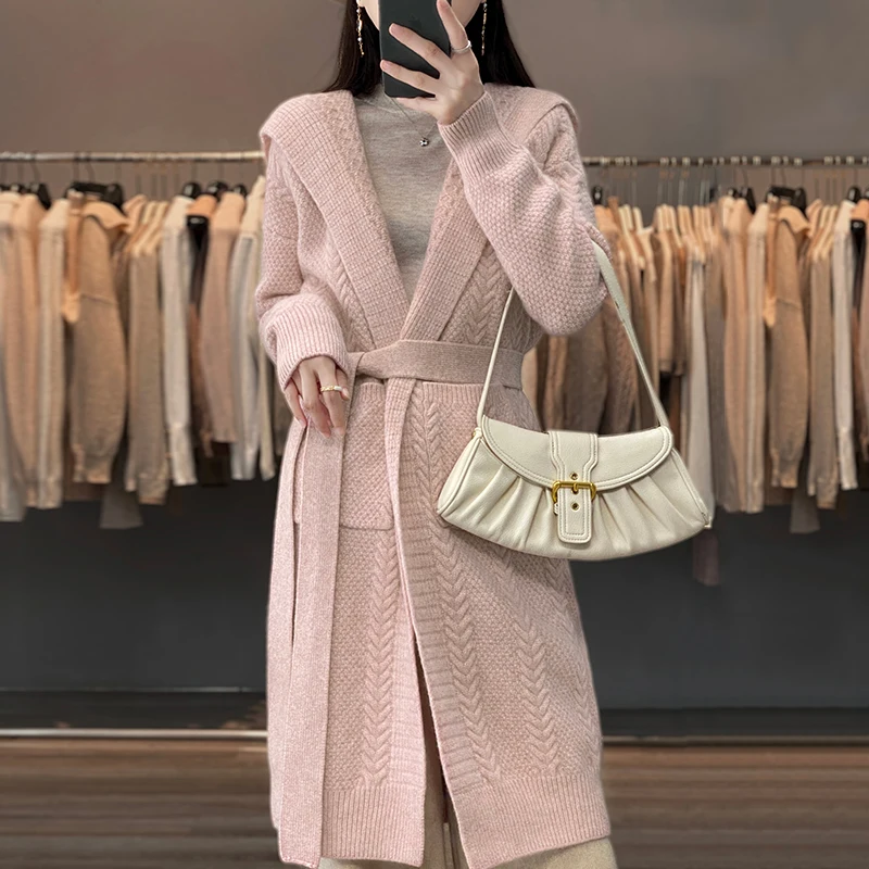 

23 New 100% Merino Wool Hooded Coat Women's Fashion Long Sleeve Knitted Long Cardig Sweater