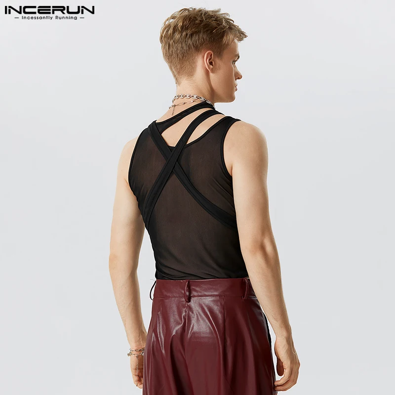 INCERUN Sexy Homewear New Men Hollow Out Design Bodysuits Casual Hot Sale Male See-through Thin Two Piece Triangle Rompers S-5XL