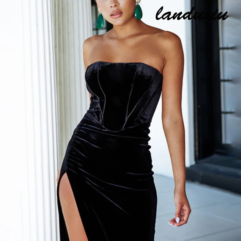 

Landuxiu 2022 Модные женские сексуальные женские платья с высоким разрезом Элегантные Бархатные вечерние однотонные вечерние Клубные официальн...