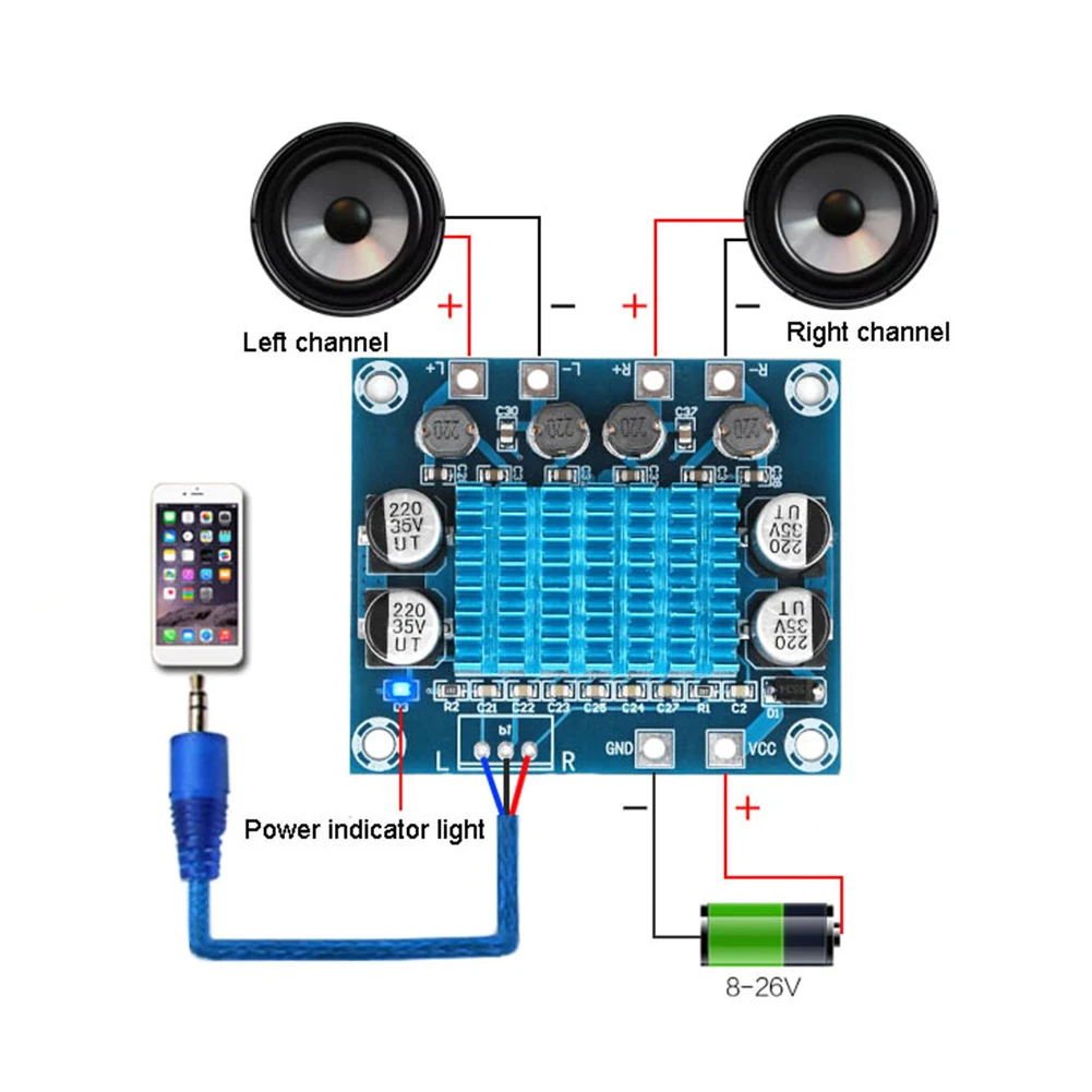 Audio Amplifier Board Powerful Amplifier Module 30W+30W Dual Channel Digital Stereo Audio Power Amplifier Board DC 8-26V 3A 20-1PCS