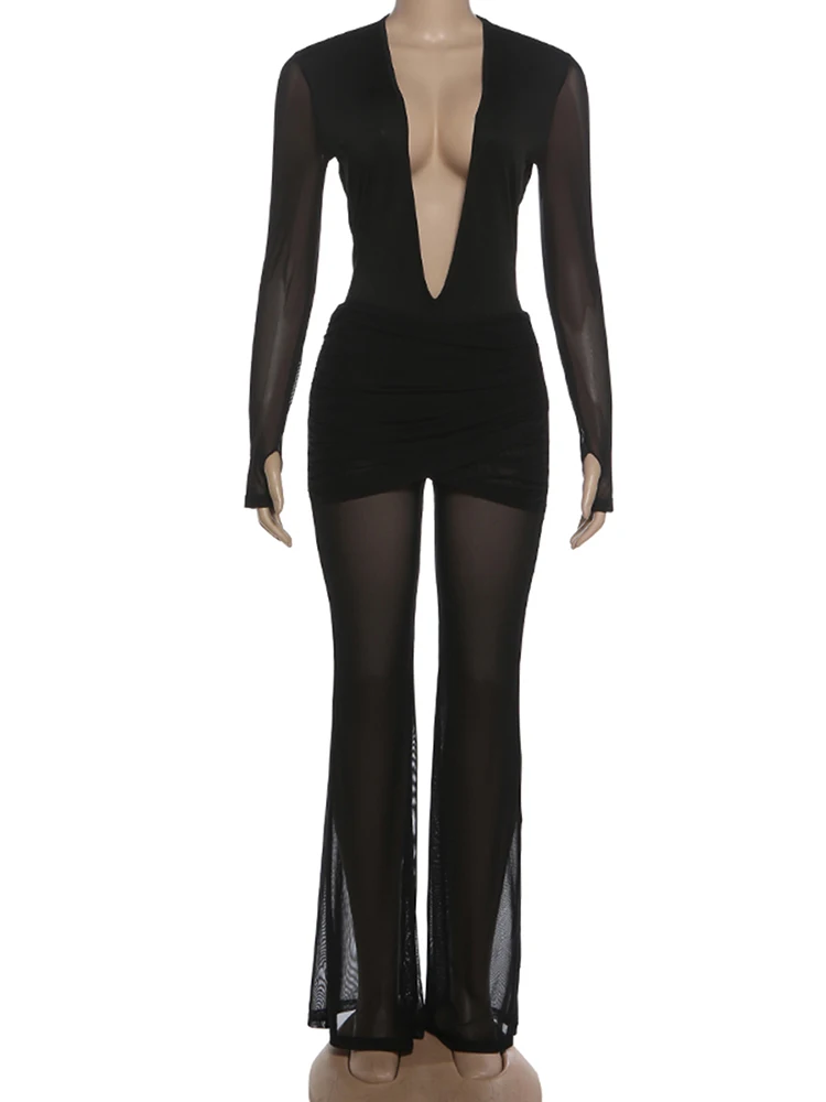 Nibber High Street 2 Piece Set Woman Sexy Deep V-Neck Full Sleeve Bodysuit+Elastic Waist Long Pant Style Mesh Patchwork Outfits