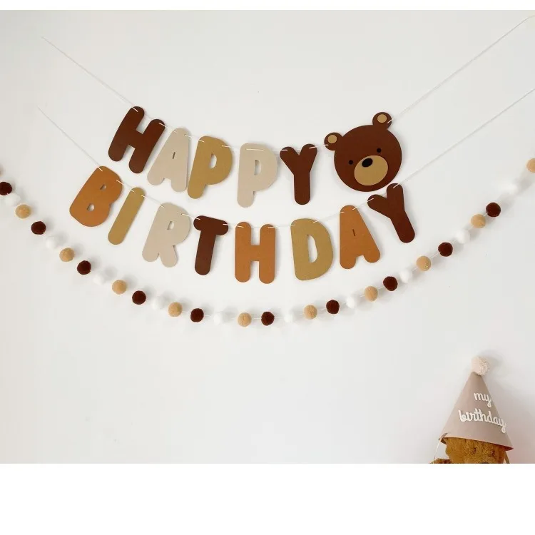 New Brown Bear Birthday Letter Pull Flag Baby Full Moon First Birthday kids Party Setup Banner
