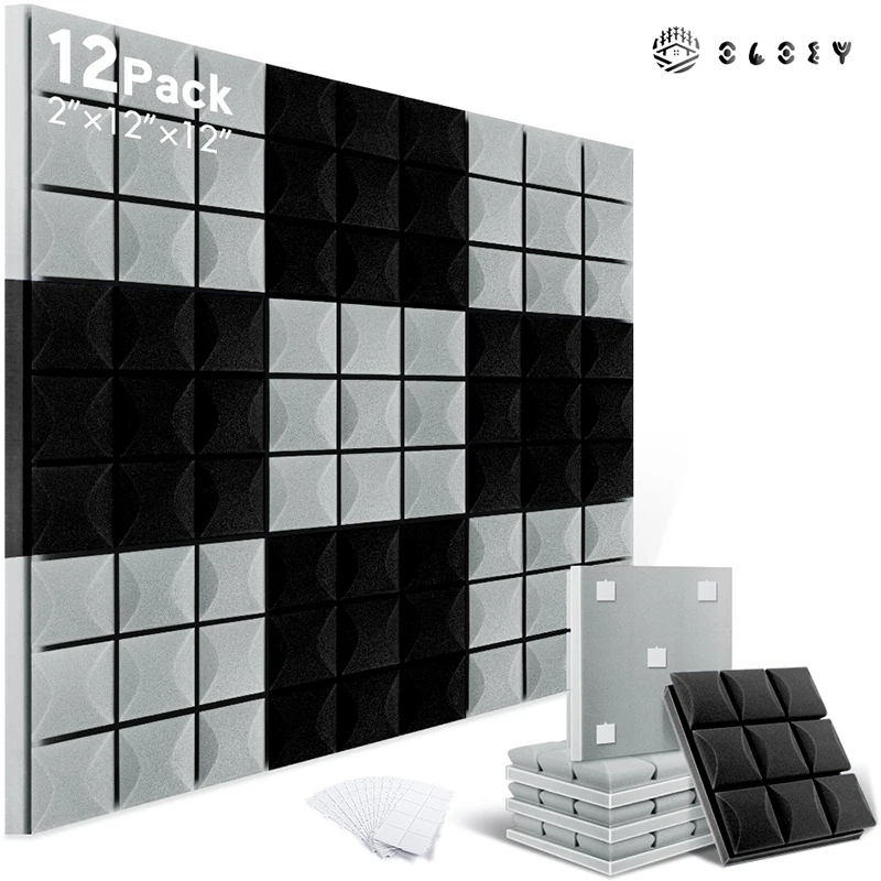 12 Pack Black Acoustic Foam Panels, 1 X 12 X 12 Acoustic Panels  Soundproof Studio Foam for Walls Sound Absorbing Panels Sound Insulation  Panels