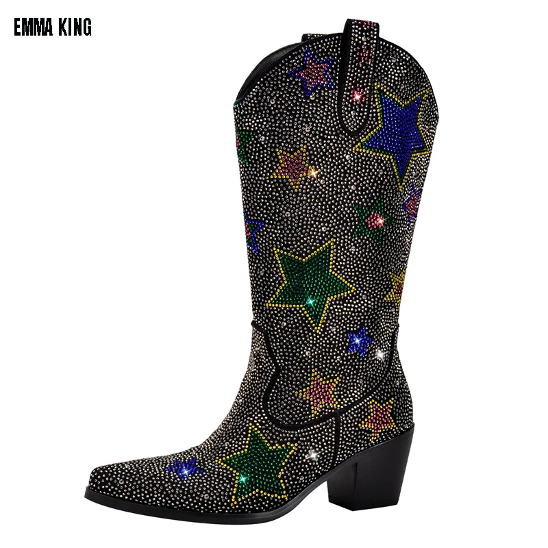 

Vintage Mid Calf Boots Women Rhinestone Pointed Toe Thick Heels Cowboy Cowgirls Luxury Western Booties Trendy Shoes Woman 44