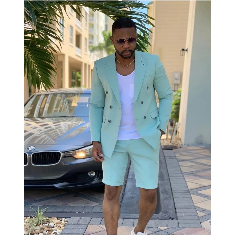 Description Picture 2 of itemMint Green Men's Suits Short Pants Summer Beach Double Breasted Best Man Blazer Wedding Groom Prom Tailored Made 2 Pieces