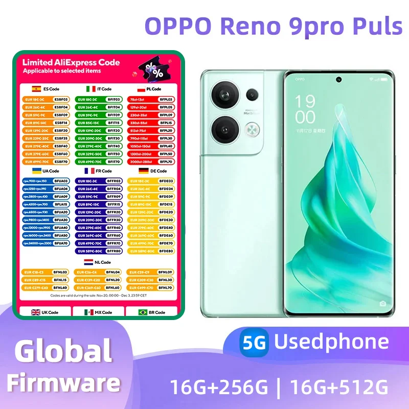 oppo Reno9 pro+ 5G Android 6.7 inch CPU Qualcomm Snapdragon 8+Gen1 16GB RAM 256GB ROM Unlocked All Colours Original used phone