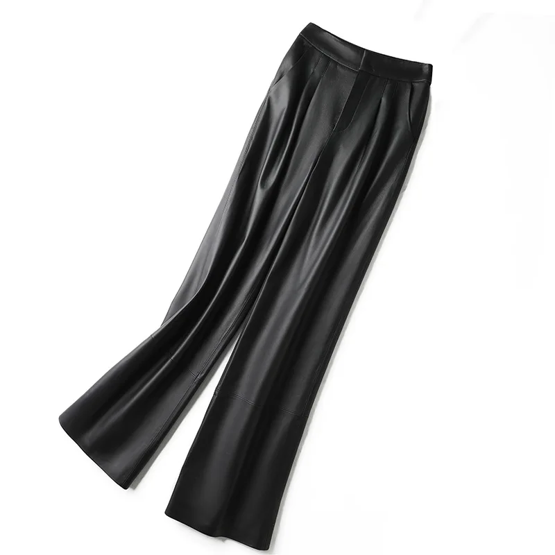 Women's Leather Pants High Waist Sheepskin Slimming Straight Pants Real Leather Original Genuine Temperament Wide Legs leather pants skinny pants
