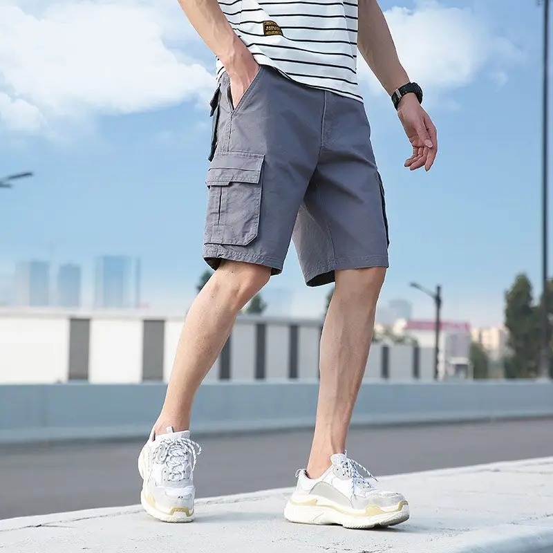 thumbnail image 1 of Pantalones cortos cargo para hombre con cordón ajustable, color caqui liso, elásticos, con bolsillo frontal, bermudas anchas de nailon de lujo para hombres grandes y altos, 1 of 5