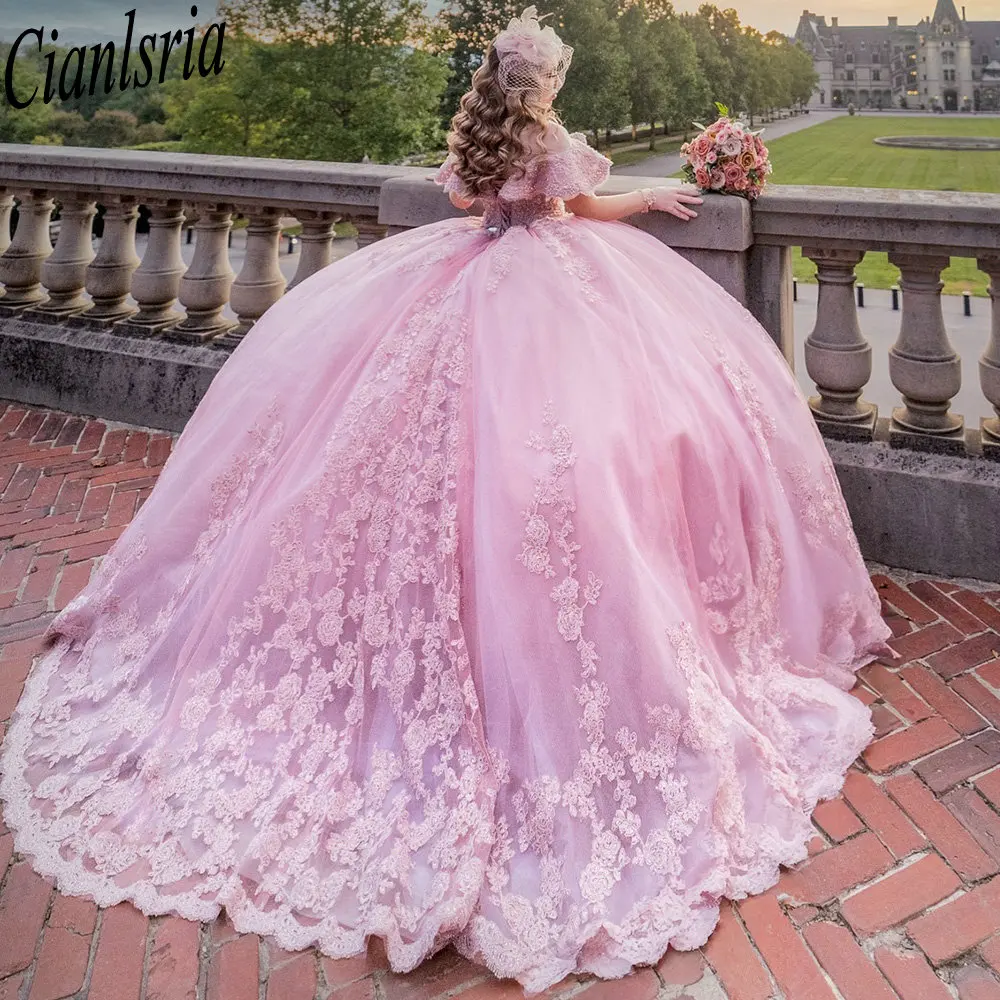 

Pink Illusion Ruffles Ball Gown Quinceanera Dresses Cap Sleeve Appliques Lace Corset Vestidos De 15 Años