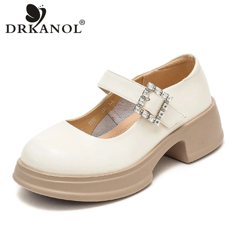 

DRKANOL Fashion Chunky Platform Mary Janes Shoes Women Real Cow Leather Patent Leather Rhinestone Shallow Thick Heel Shoes