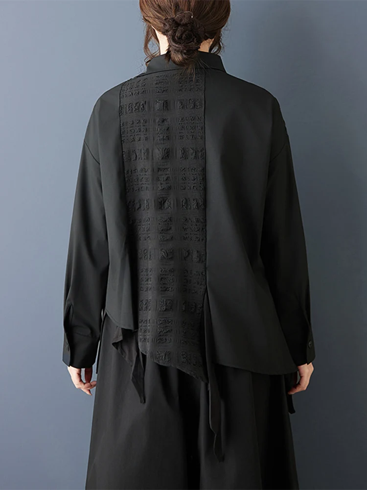 2026 Spring Autumn New Asymmetrical Patchwork Black Vintage Shirt Women Long Sleeve Loose Casual Blouse Top Fashion Clothing