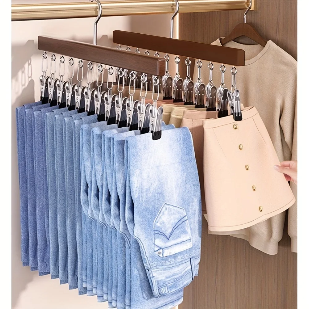 12개 클립 레깅스 정리대, 나무 옷장 레깅스 걸이형 정리대 공간 절약 멀티 클..