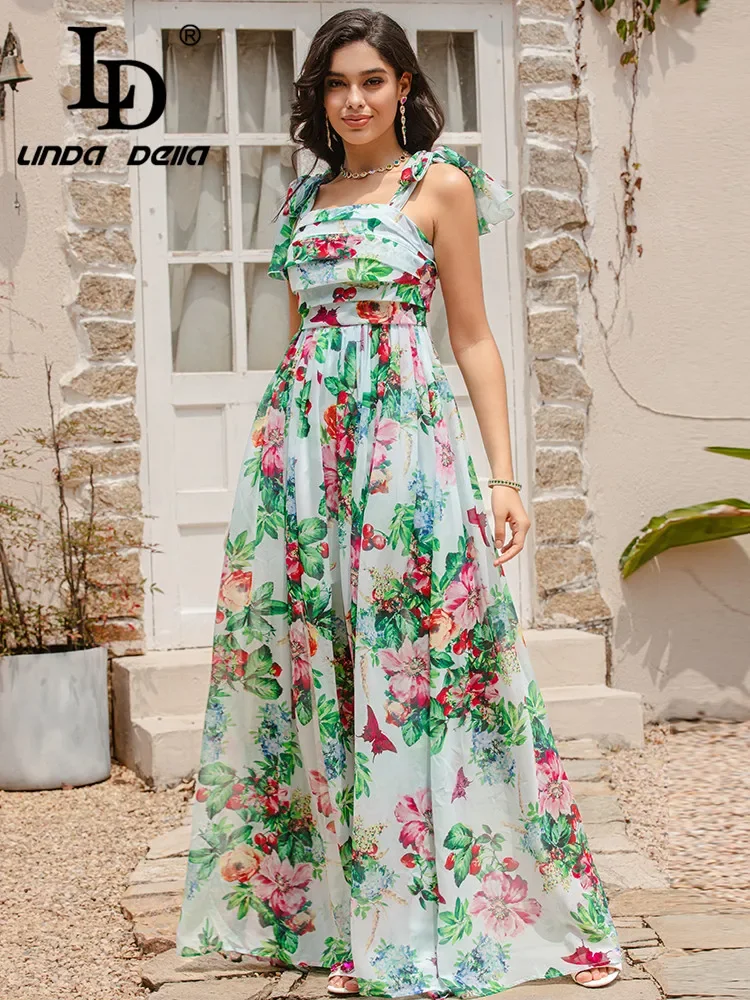 

LD LINDA DELLA 2024 Designer's New Summer Elegance Chiffon Print Dress Waist Slim-Fit Holiday Party Maxi Dress