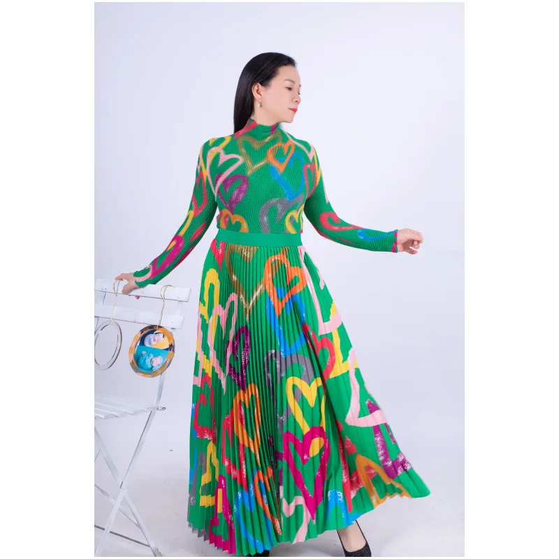 

2023 summer new print long sleeve pleated loose top + pants suit