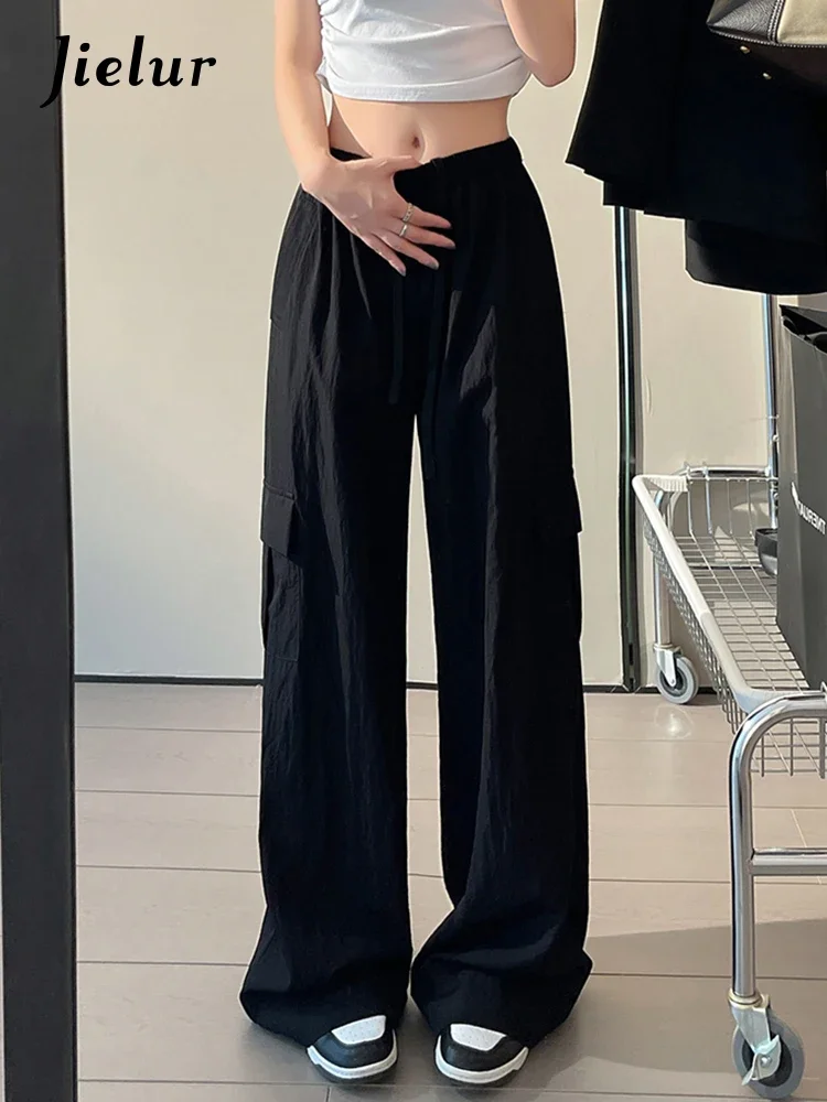 Jielur New Black American Female Cargo Pants Chic Pleated Drawstring Loose Casual Office Lady Solid Color Simple Women's Pants