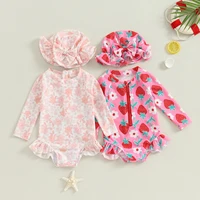 Cute Long Sleeve Baby Girls Swimsuits Beachwear Summer Floral Print Ruffled Jumpsuit and Swim Cap Set for Toddler Bathing Suits 2