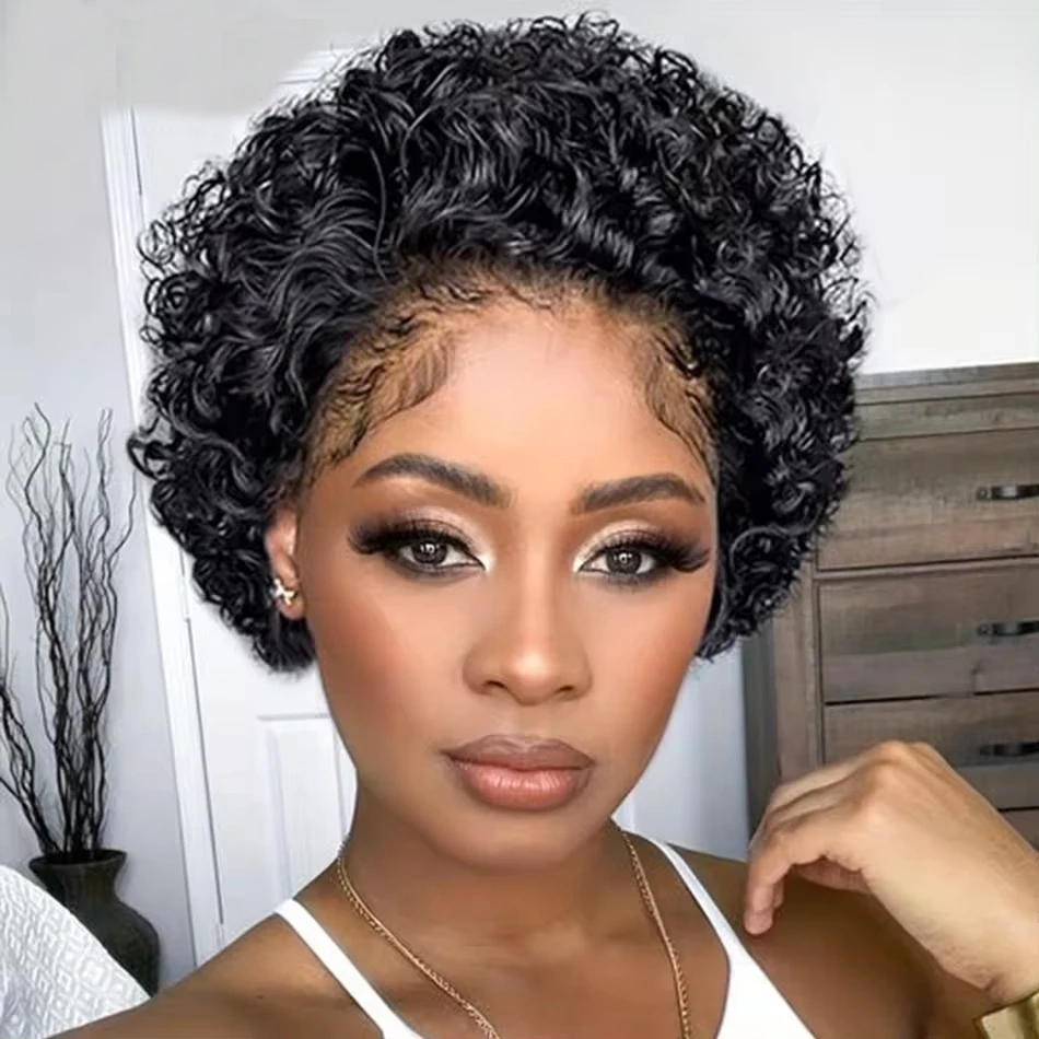 Human Hair Pixie Cut 13x4 Lace Frontal Wig Pixie Curls Short Bob Human Hair Wig Transparent Lace Front
