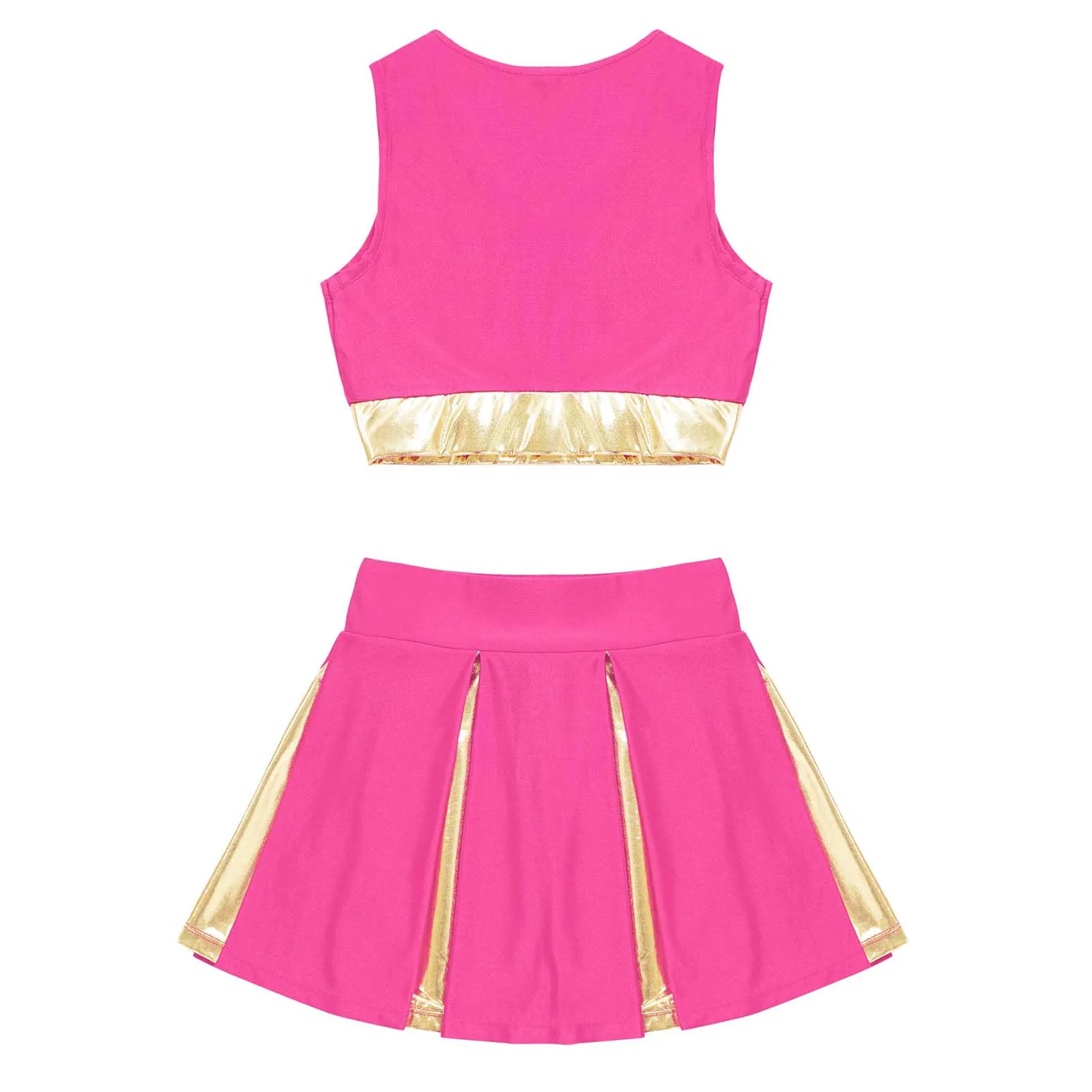 Kids Girls Cheerleading Costume Cheerleader Uniform Sleeveless V Neckline Letter Print Crop Top with Elastic Waistband Skirt