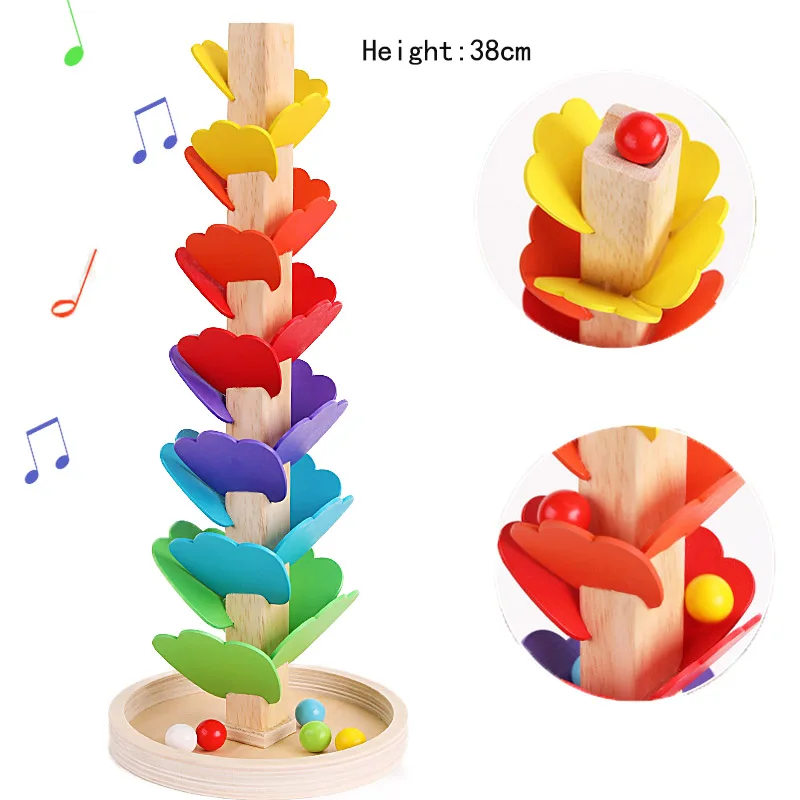 38CM Wooden Music Tree Toy for Kids Marble Run Rainbow Wooden