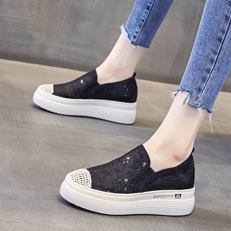 Beige 7CM Lace Air Mesh Women Summer Shoes Slip on Fashion Sneakers Platform Shoes Wedge Heel Slipony for Female Breathable Shoe