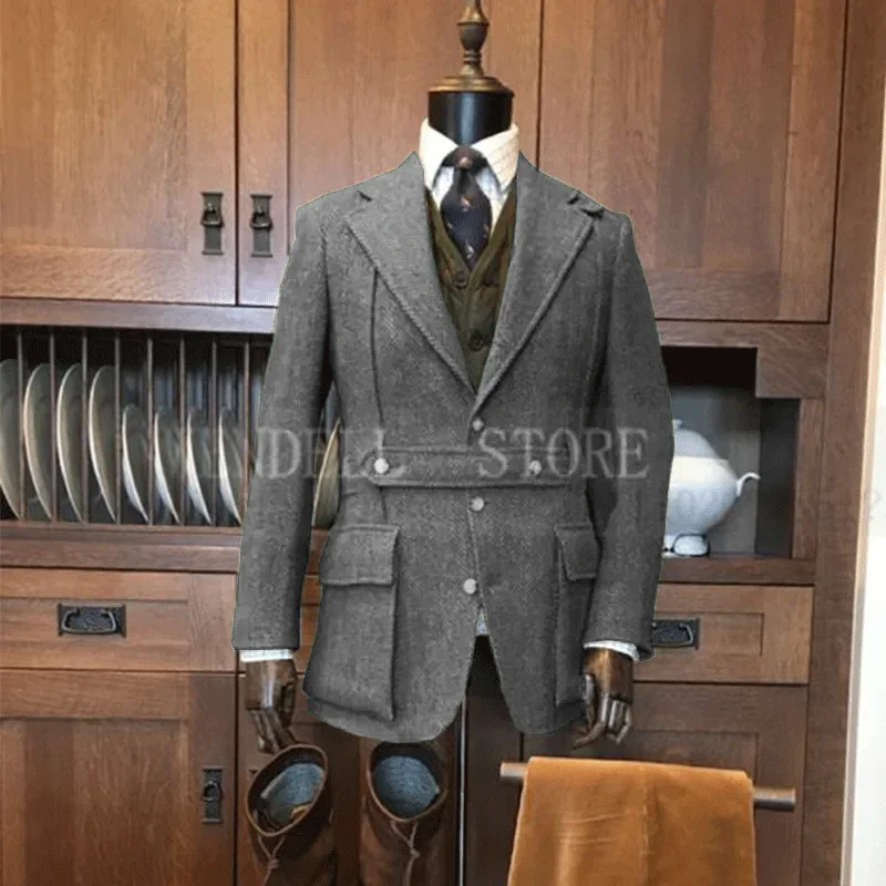 Men Suits Jackets Herringbone Men's Jacket Vintage Steampunk Outerwear Slim Fit Tailored