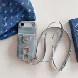 Lanyard Leather Ring Wallet Crossbody Card Holder Phone Case with Mirror Cover - iPhone Air (Blue)