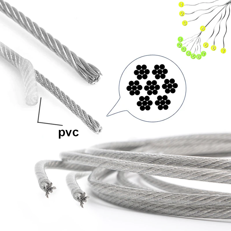 7*7 304 stainless steel wire rope PVC coated plastic rope glued balcony trellis soft laundry lifting cable 5/10m